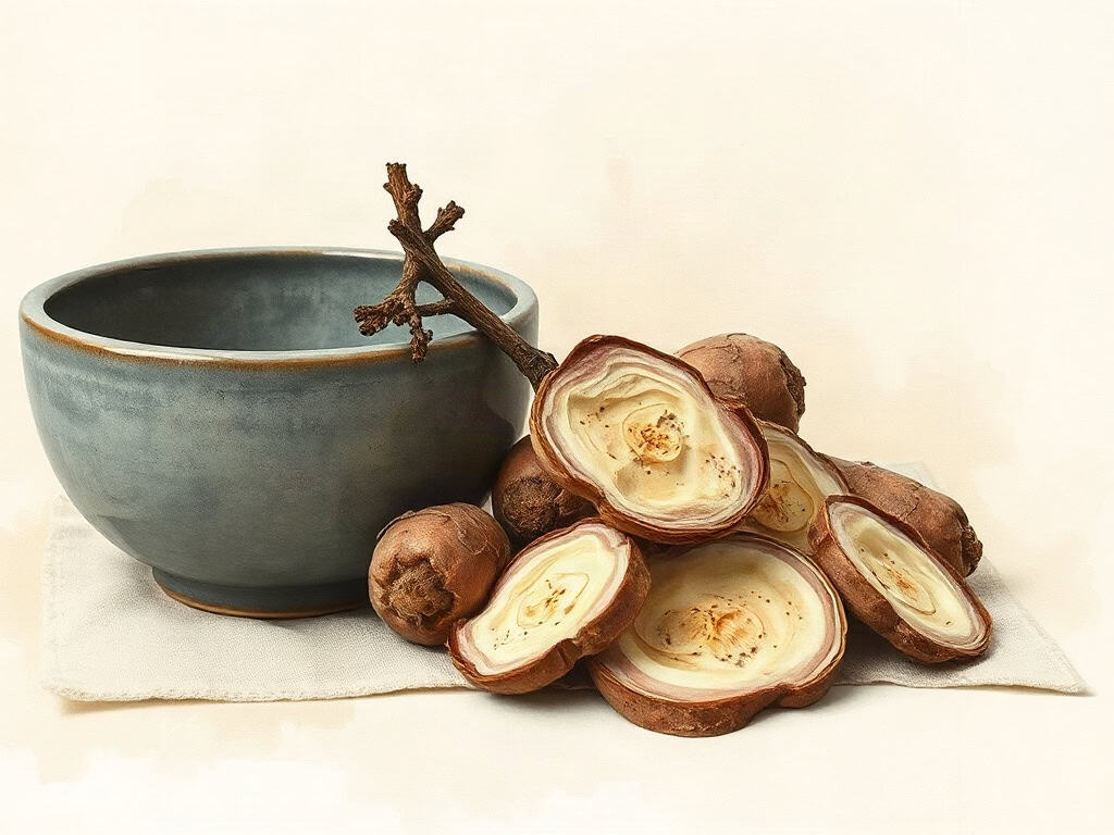 Dried peony root and angelica slices arranged on linen beside a ceramic bowl, gentle overcast daylight.