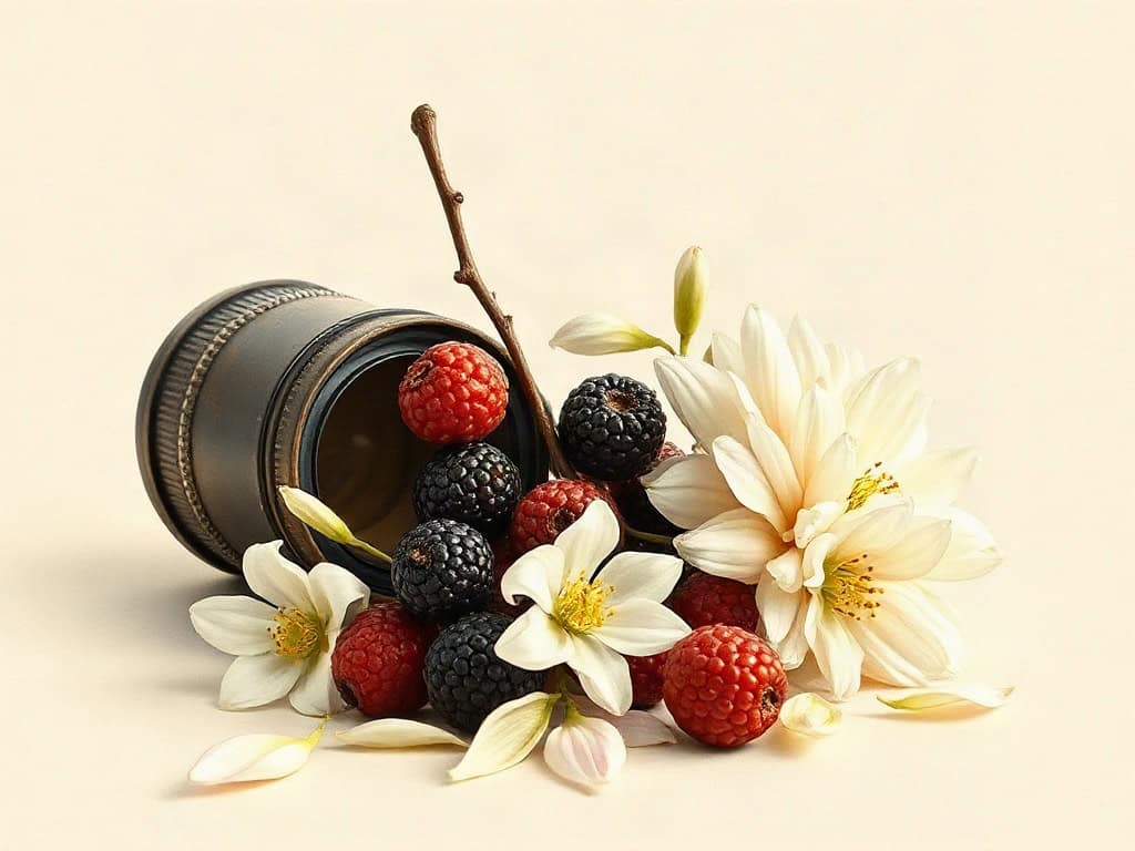 Wolfberries and white chrysanthemum petals arranged beside an antique optical lens, soft north light.