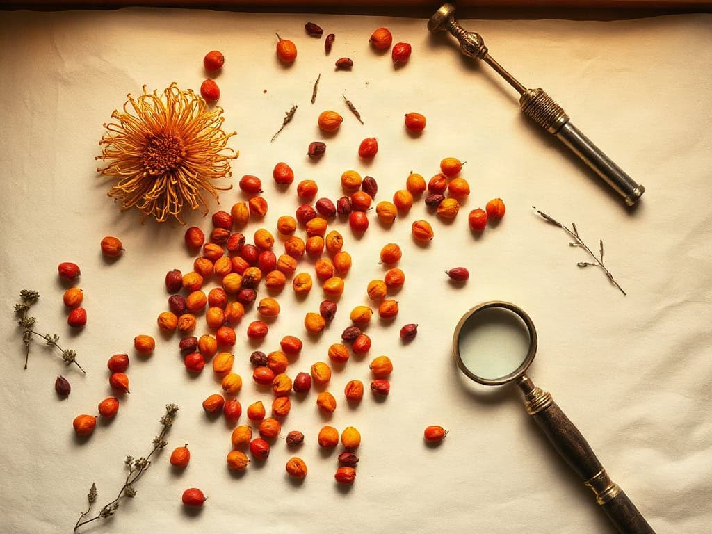 Dried chrysanthemum and goji berries scattered on aged parchment beside a brass loupe, warm amber side window light.