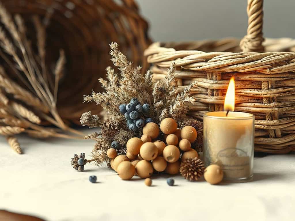 A stack of dried botanical specimens beside a woven basket, warm natural light, low warm candlelight.