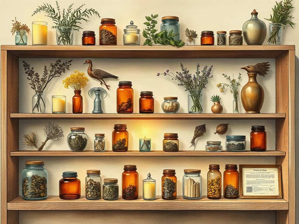 A warm apothecary shelf lined with amber glass jars of dried herbs, softly lit, low warm candlelight.