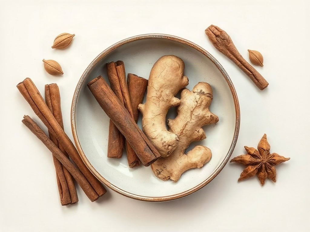Cinnamon bark and dried ginger root in a shallow ceramic dish, gentle overcast daylight.