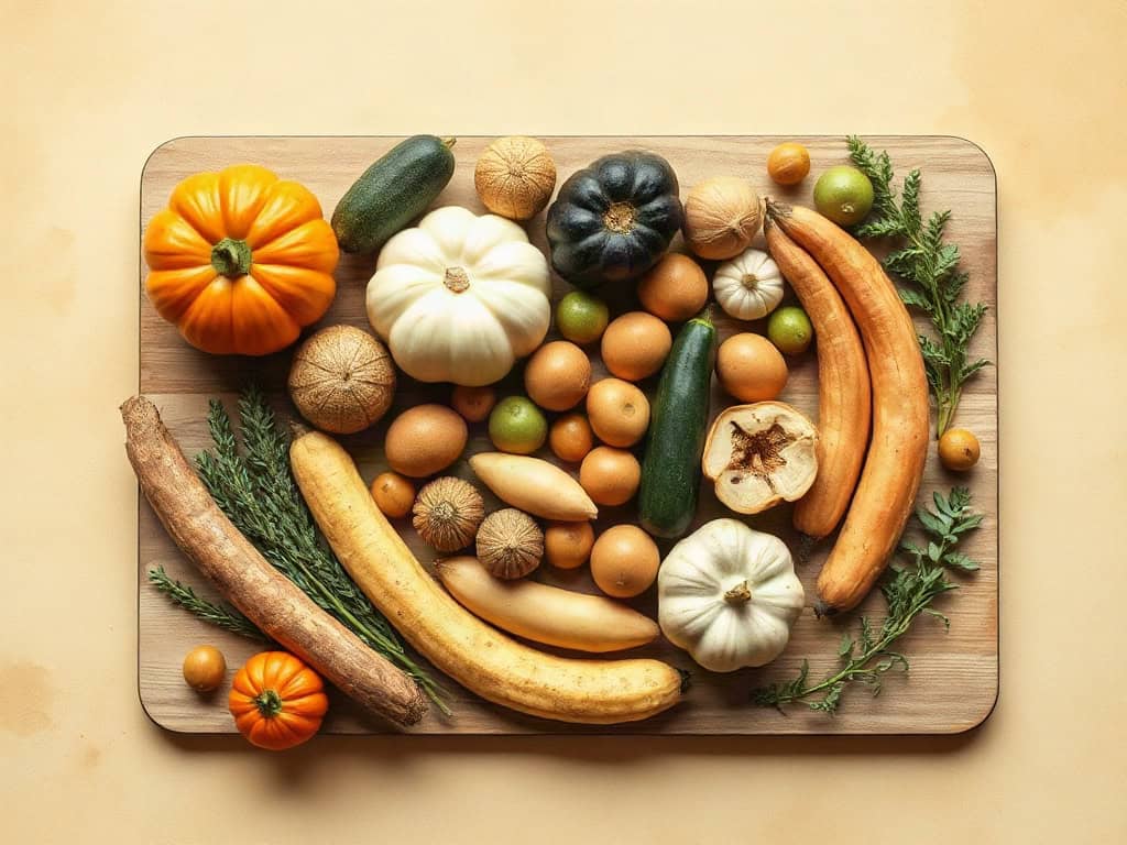 An assortment of seasonal produce arranged in a spiral on a wooden board, warm amber side window light.