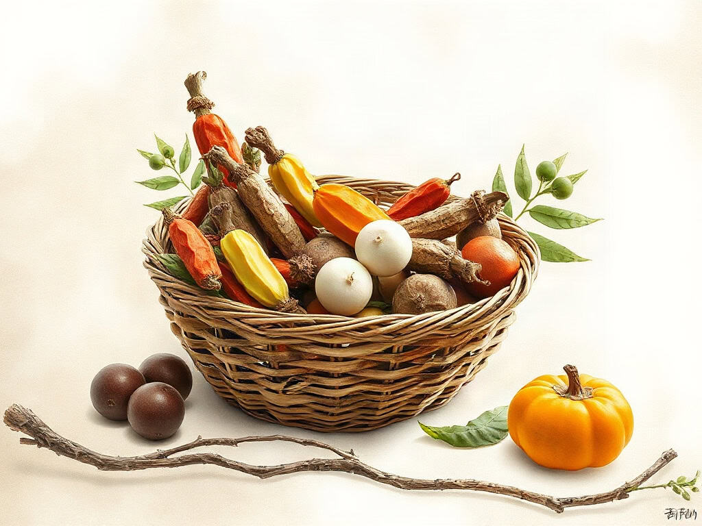 A woven basket of mixed TCM dietary herbs -- goji, jujube, longan -- on linen, gentle overcast daylight.