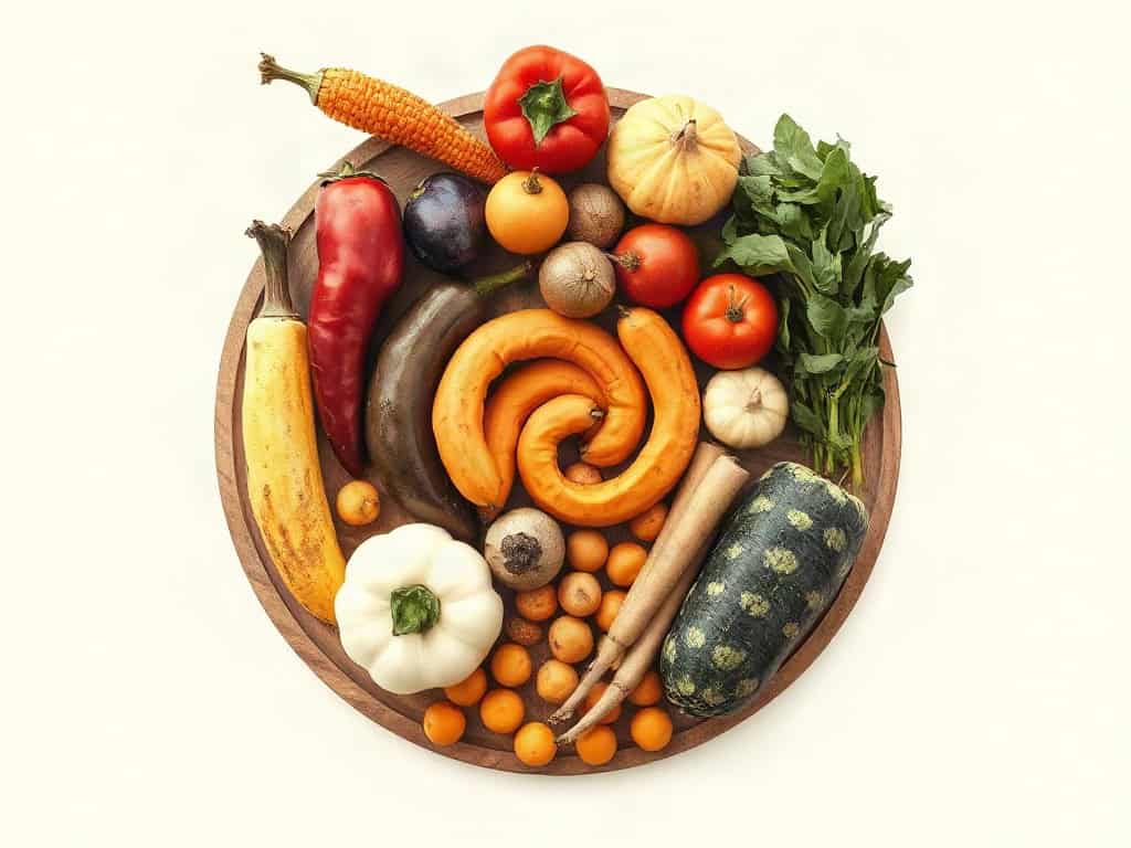 An assortment of seasonal produce arranged in a spiral on a wooden board, gentle overcast daylight.