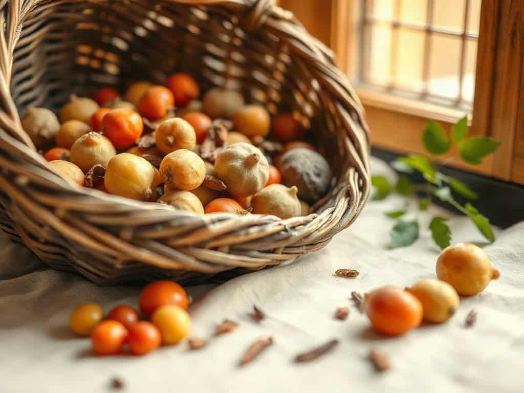 A woven basket of mixed TCM dietary herbs -- goji, jujube, longan -- on linen, warm amber side window light.