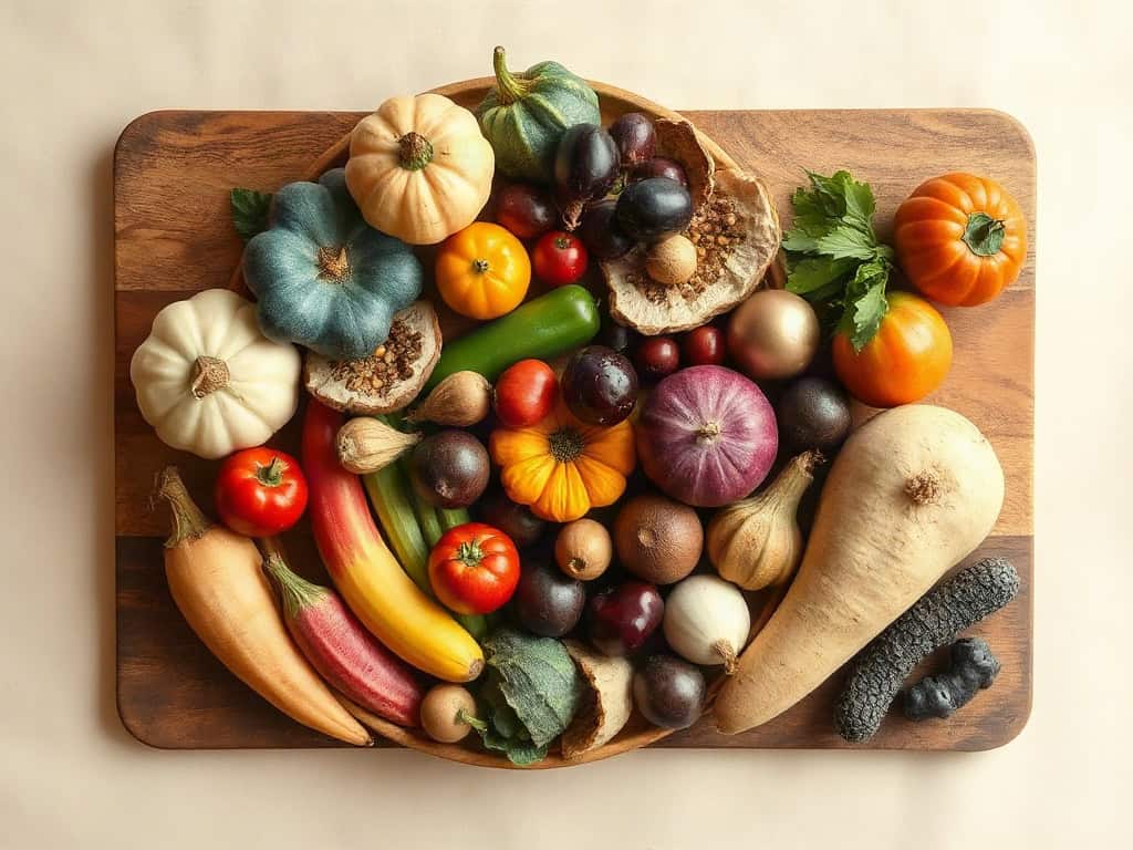 An assortment of seasonal produce arranged in a spiral on a wooden board, warm amber side window light.