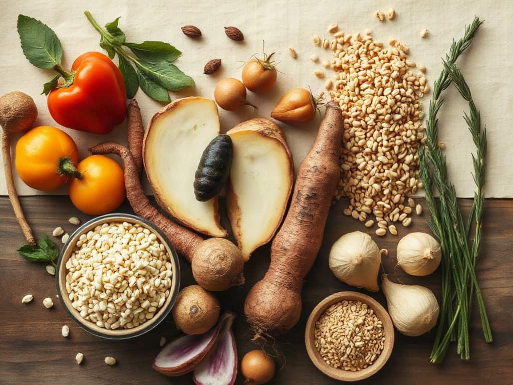 Seasonal root vegetables and whole grains arranged by the five-flavor wheel on dark oak, gentle overcast daylight.