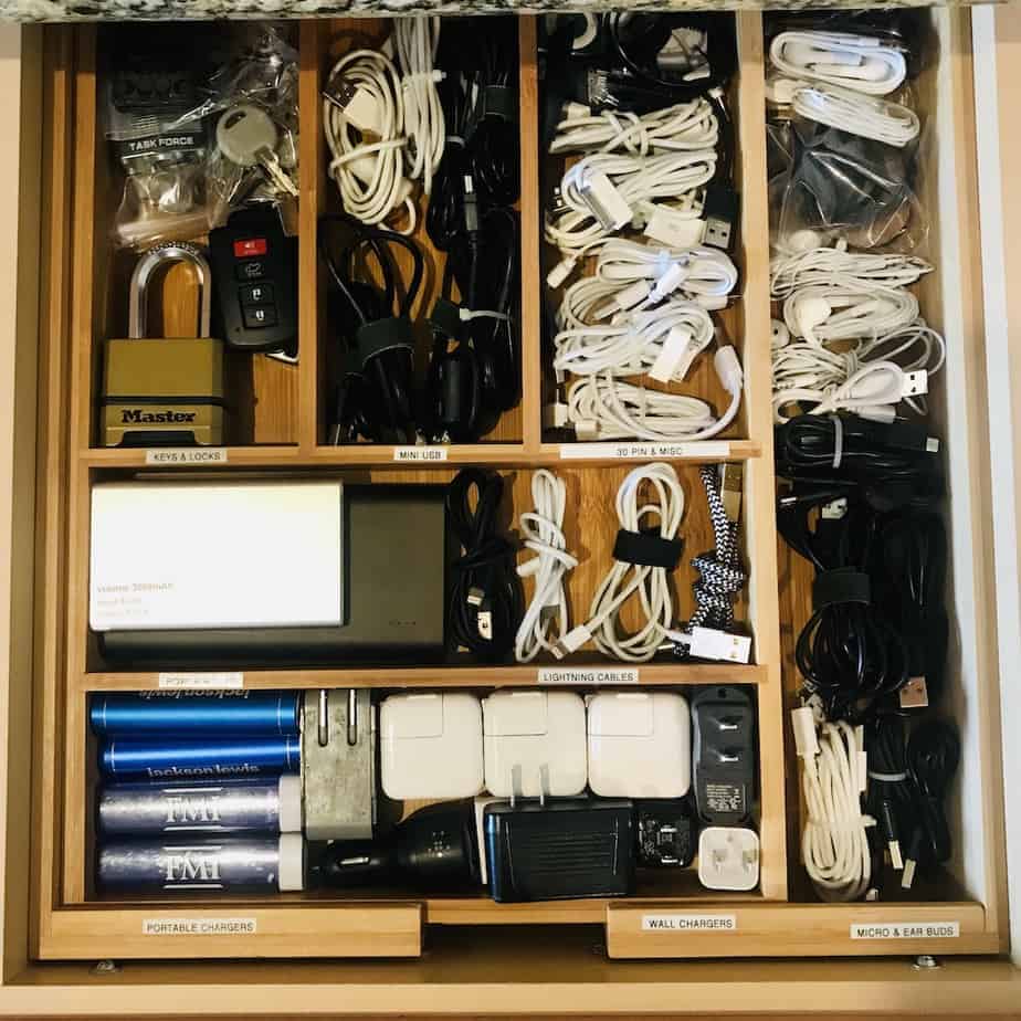 Organized Cables and Chargers in a Cutlery Tray