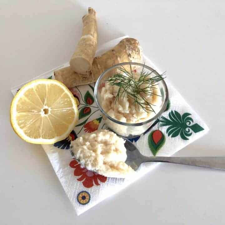 A bowl of risotto with ginger and lemon, served on a napkin with a twist of Polish horseradish.