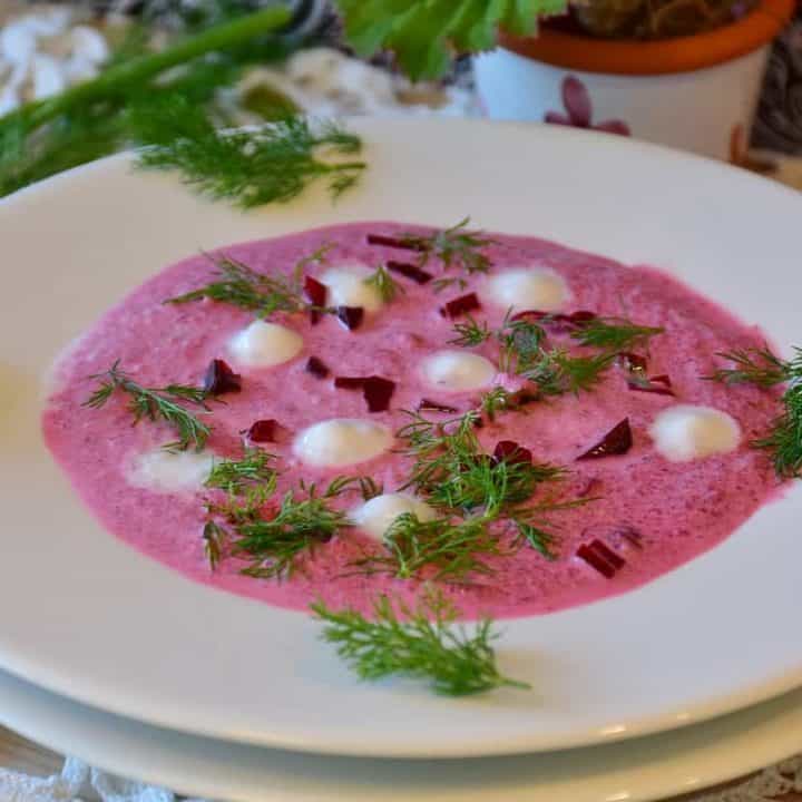 Polish Chlodnik Soup in a white bowl.