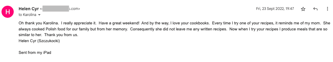 An email from Helen Cyr expressing gratitude, mentioning a recipe book as seen in testimonials, and drawing a personal connection through shared culinary tastes.