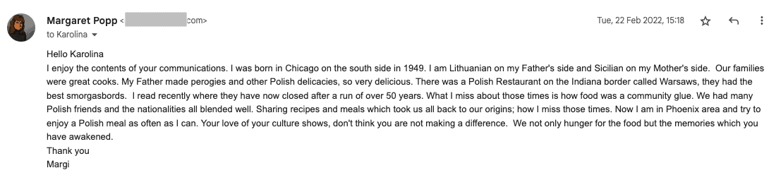 An email from Margaret to Karolina expressing enjoyment of communications, sharing personal history, and appreciation for Polish meals and restaurant recommendations, serving as a glowing testimonial.