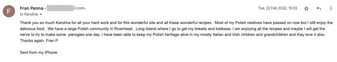 An email expressing gratitude for shared recipes and reflecting on the sender's Polish heritage and family cooking experiences, as seen in testimonials.