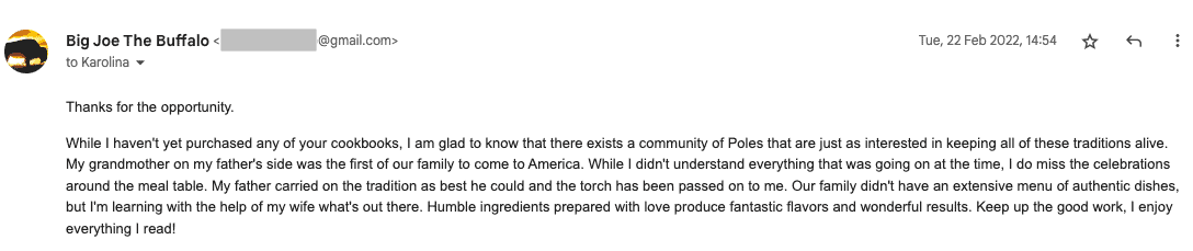 A screenshot of an email from "big joe the buffalo" expressing appreciation for the preservation of Piute traditions and sharing personal family testimonials related to these customs.