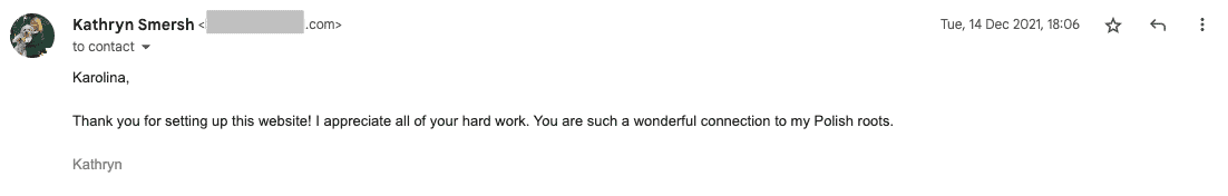 A screenshot of a thank-you email from Kathryn Snaresch to Karolina, featuring testimonials.