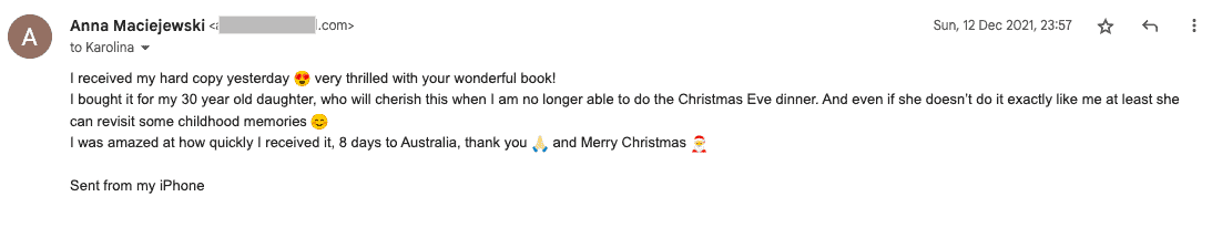 Email message expressing gratitude for a book received, mentioning quick delivery to Australia and evoking childhood memories, with holiday greetings. As seen in testimonials, your service continues to impress!