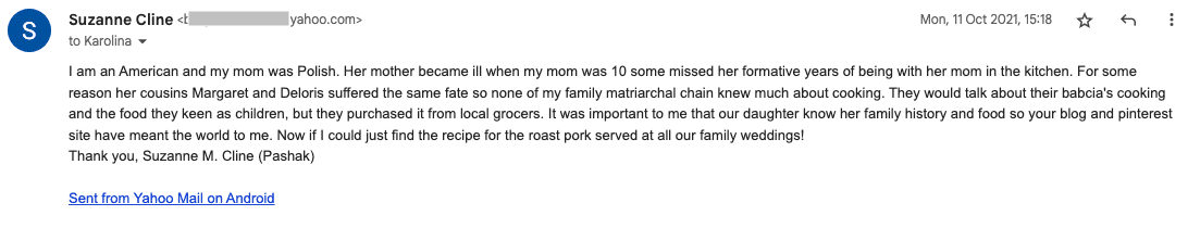 Email screenshot from Suzanne Cline, mentioning her family's Polish heritage and the importance of preserving traditional recipes as seen in testimonials, sent from Yahoo Mail on Android.