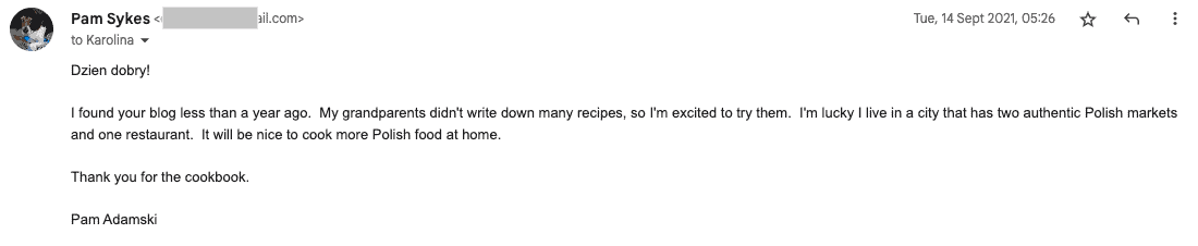 An email message from Pam Sykes expressing gratitude for a cookbook and sharing a bit about her family's cooking traditions and local access to Polish markets, as featured in "As Seen In" testimonials.