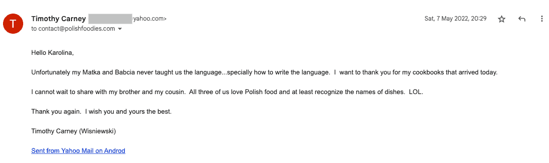 Screen capture of an email expressing gratitude but mentioning a language barrier, with a humorous note on Polish food names, as seen in testimonials.