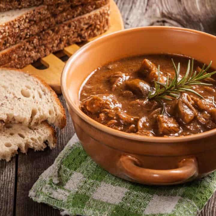 Beef goulash with bread.