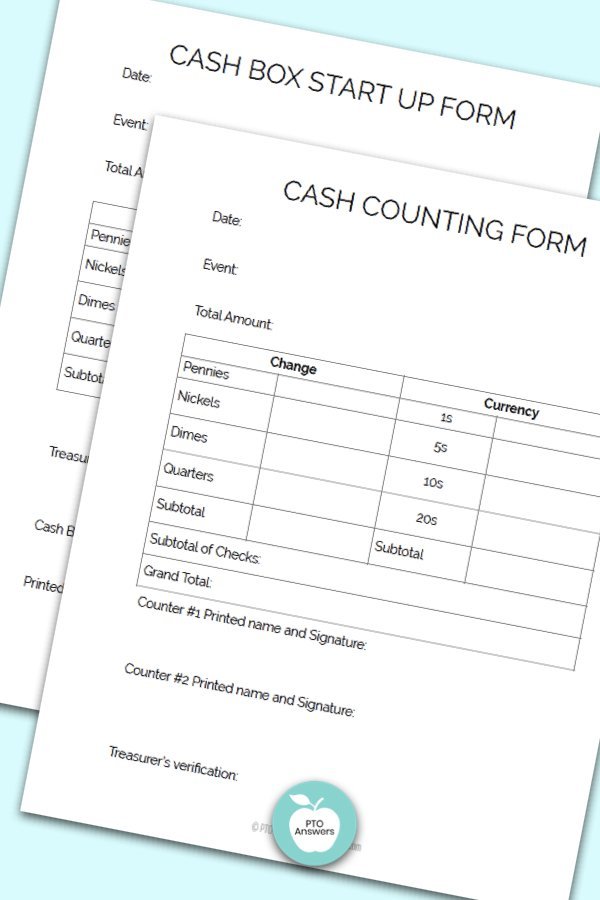 Safeguard PTO Money: Prevent Theft and Embezzlement 1 Printable Treasurer Forms including Cash box start up form and cash counting form to manage money and PTO finances