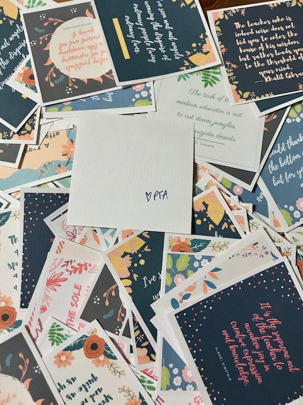 12 Easy Ways to Show your Teachers Love Outside of Teacher Appreciation Week 1 scattered colorful quote art cards on a table