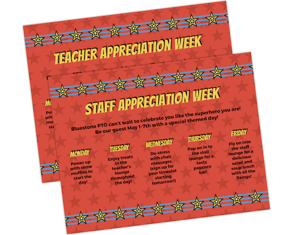 customizable super hero themed schedule of events for staff appreciation week