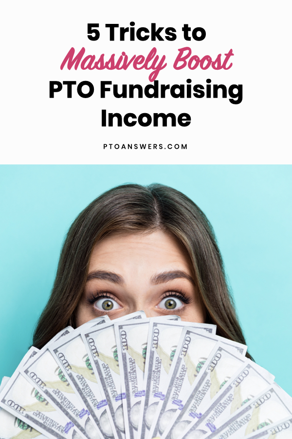 Woman pleased with PTO fundraiser holding fanned out money against blue background