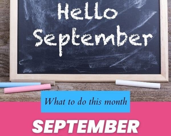 blackboard with chalk month name on weathered brown wooden plank background with pink and blue accents