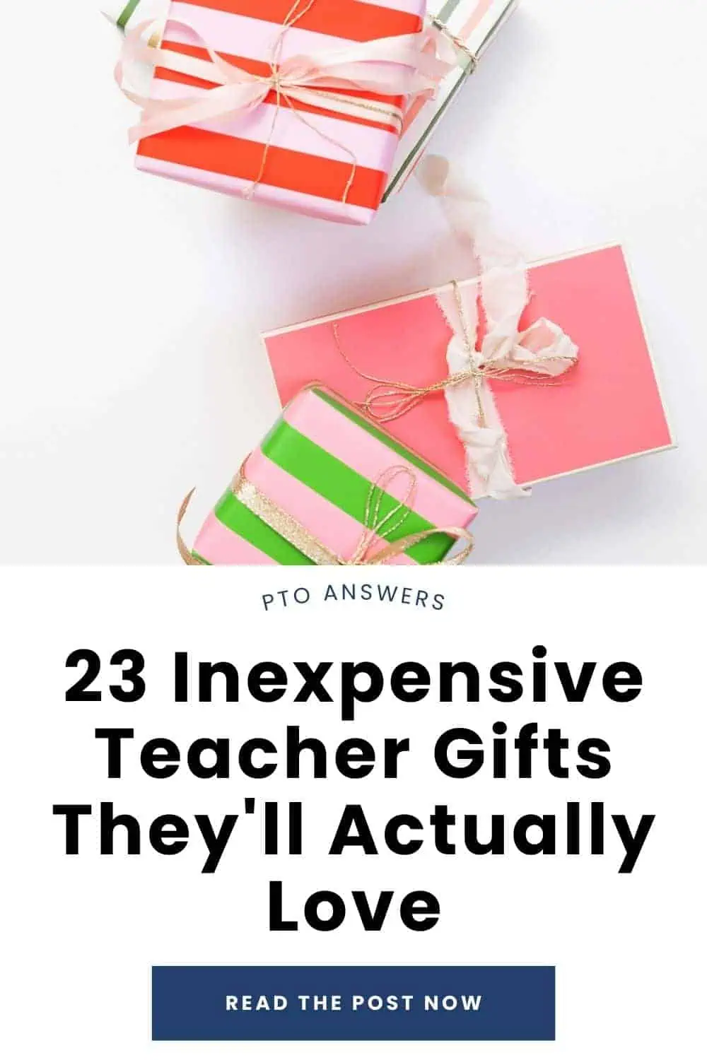 three wrapped gif boxes with pink, red and green paper tied with gold and white ribbon with text box overlay