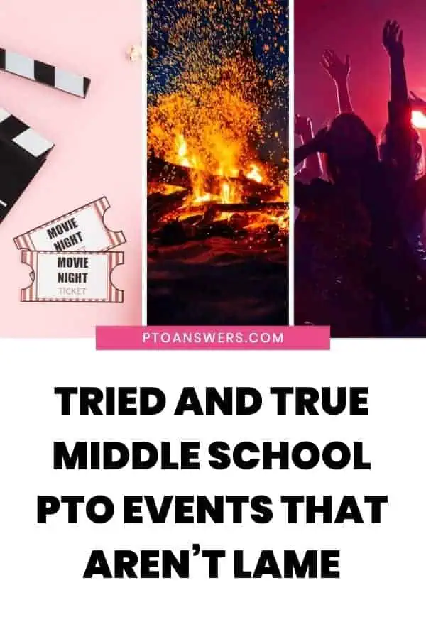 movie tickets and clapboard on pink background, bonfire and performers at a school talent show with text box below