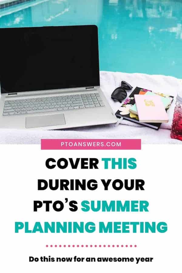 open laptop on a pool deck with sunglasses and stack of notebooks with text box underneath