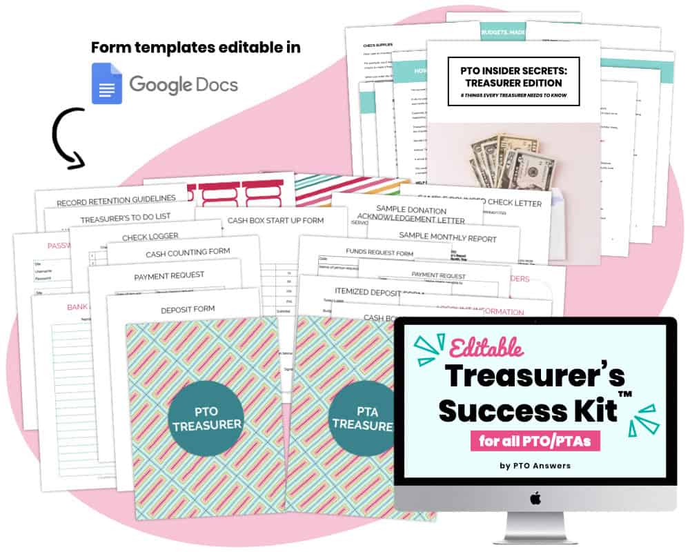 colorful pto Treasurer resources and iMac desktop computer screen with text overlay atop pink shape