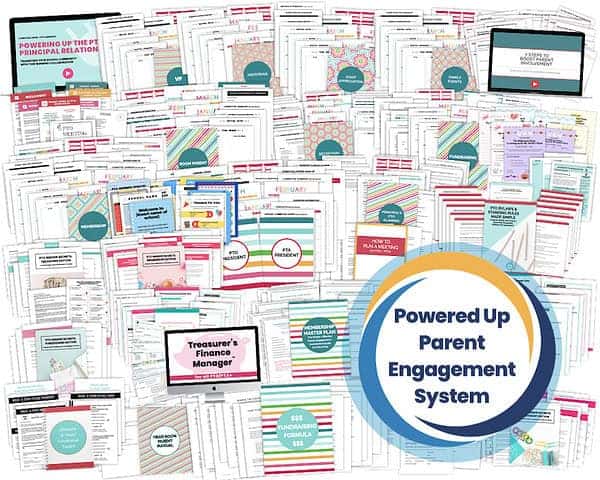 colorful resources for PTO PTA leaders arranged with the Powered Up Parent Engagement System logo atop all in lower right hand corner