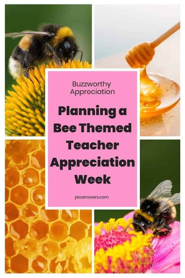 Pictures of bees on flowers, dripping honey into a bowl and a honeycomb with a pink text box overlay