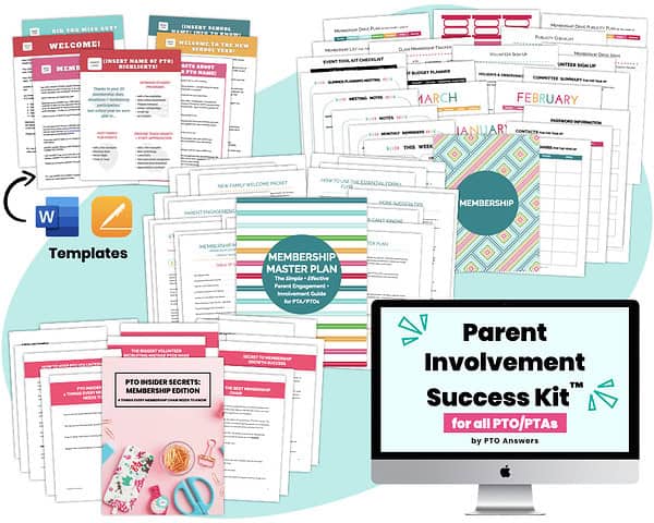 colorful pto Parent involvement and membership resources and iMac desktop computer screen with text overlay atop pink shape