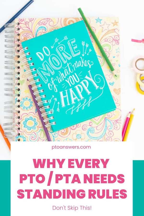 Don't Skip This: Why Every PTO Needs Standing Rules 1 stacked spiral bound journal surrounded by pencils and rolls of wash tape on white desktop with a block of text below