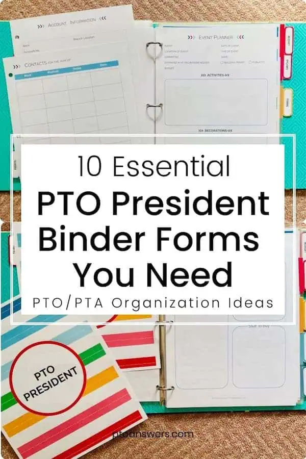 two images of a pto president binder with forms, planner cover and section dividers