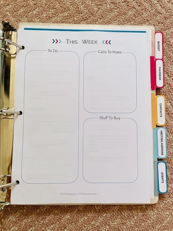 pto president binder form in 3 ring binder with rainbow tabs visible along right side