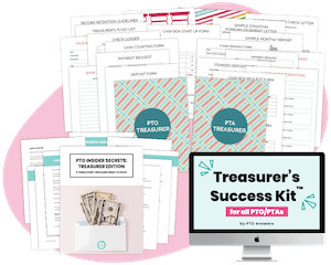 Pages of colorful planner pages and computer screens with product name all atop asymmetrical pink shape