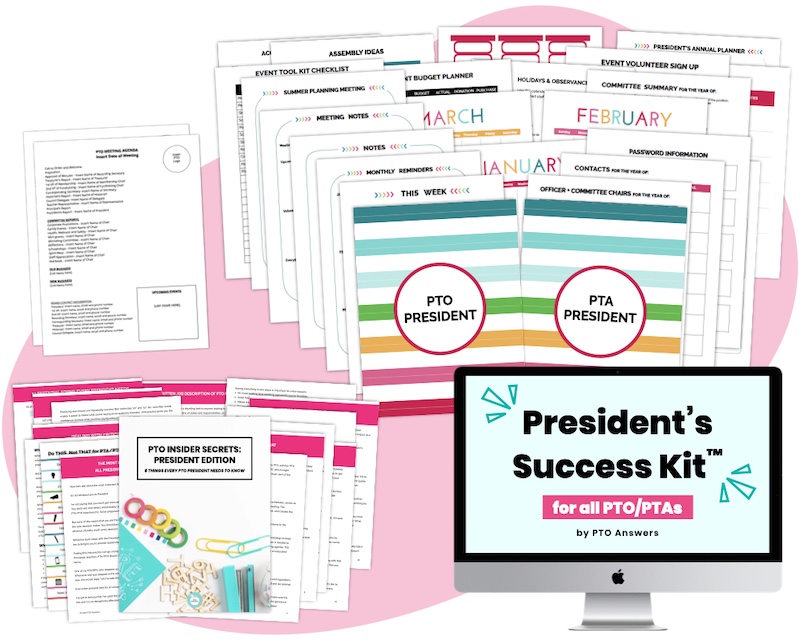 colorful planner, templates and ebook resources for pto pta presidents atop pink shape with computer displaying 'president's success kit' on screen