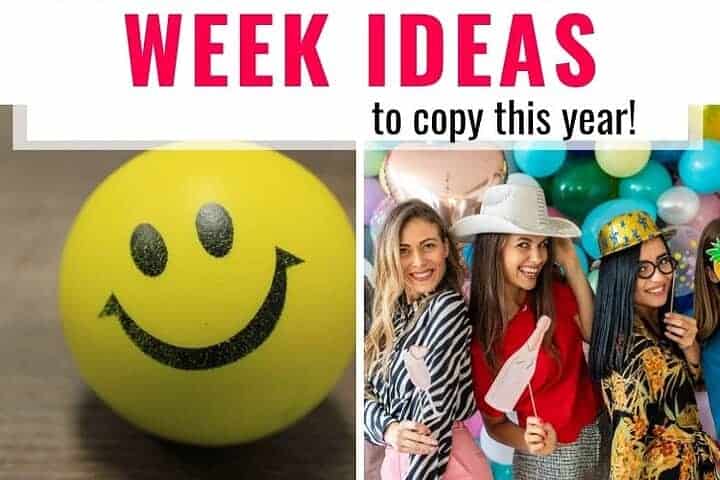 '55+ trending school spirit week ideas to copy this year' atop grid of activities and theme ideas