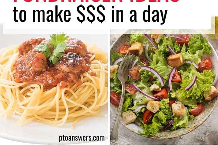 '5 simple spaghetti dinner fundraiser ideas to make $$$ in a day' in center around grid of pictures with spaghetti and meatballs, garlic bread and salads