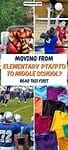 'moving from elementary PTA/PTO to middle school? Read this first' atop images of spirit wear, snack concessions, football and volleyball games in progress