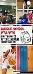 'middle school pta/pto who changes after elementary (nobody warns you' next to a line drawn image of a backpack, all atop images of a basketball and volleyball game in action, a bank of school lockers and students in class