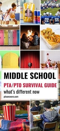 'middle school pta/pto survival guide: what's different now' atop images of athletics, concessions, spirit wear sales, talent show, bonfire and students in class