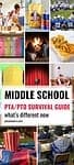 'middle school pta/pto survival guide: what's different now' atop images of athletics, concessions, spirit wear sales, talent show, bonfire and students in class