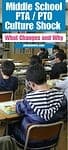 'middle school pta/pto culture shock: what changes and why' atop image of middle school students at desks in a classroom