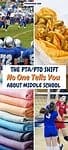 'the PTA/PTO shift no one tells you about middle school' atop images of spirit wear, snack concessions, football and volleyball games in progress